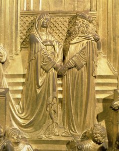 De ontmoeting van koning Salomo en de koningin van Sheba, detail van het originele paneel van de oostdeuren van de doopkapel, 1425-52 (verguld brons) (na restauratie)